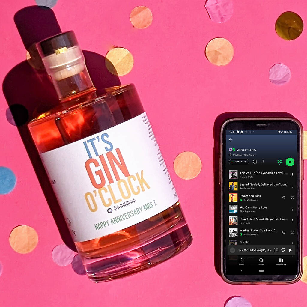 Personalised Gin O'clock Flavoured Gin With Music MixPixie